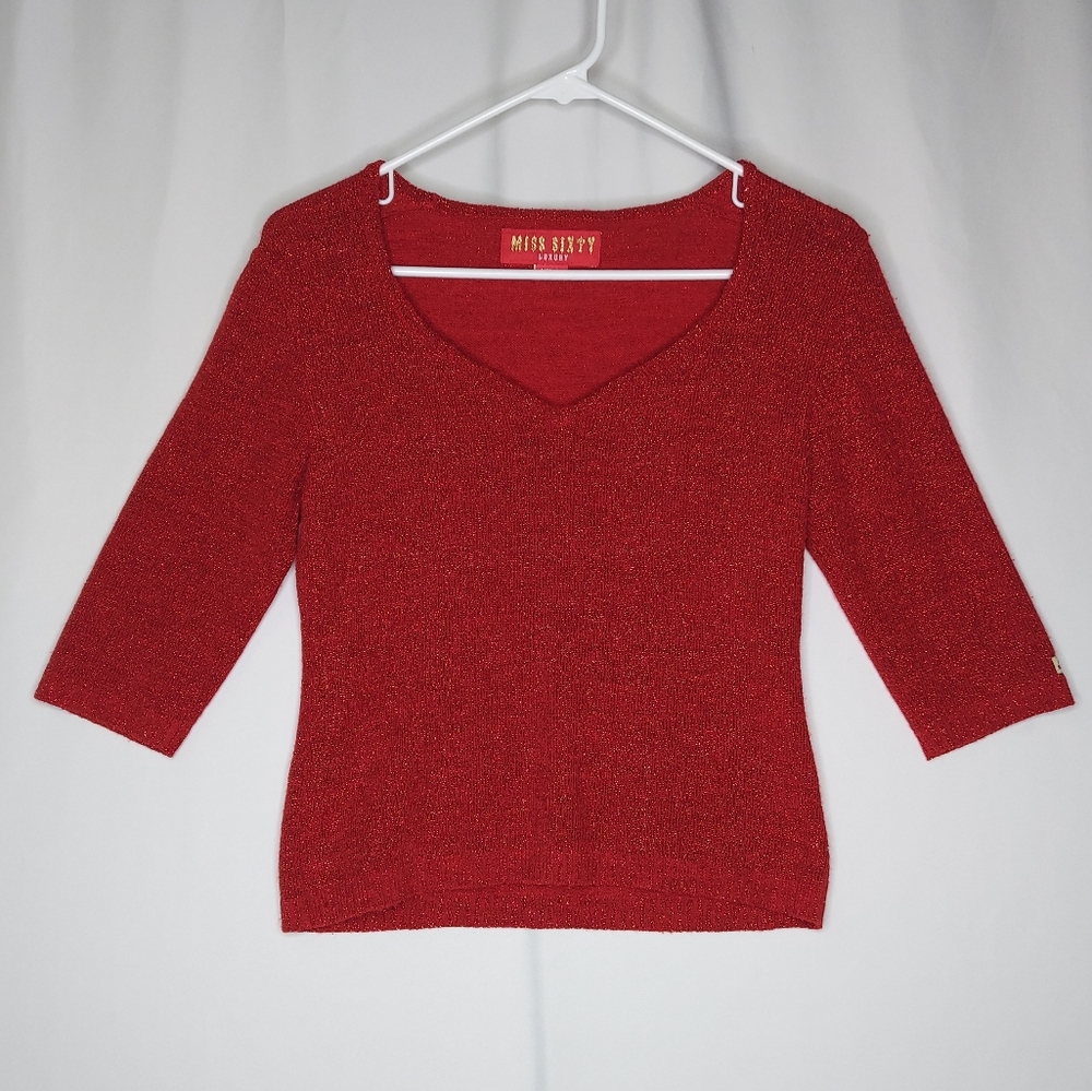 Miss Sixty Vtg Red Cropped Sweater Medium Red Sparkle Knit V-Neck Elbow Sleeve